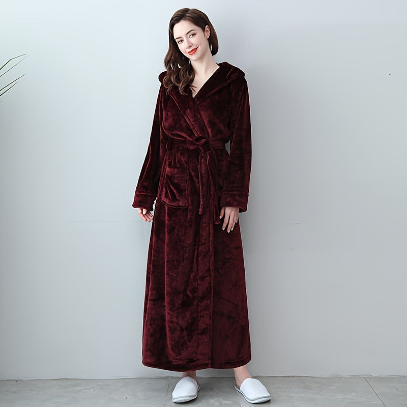 1pc Soft Coral Fleece Unisex Bathrobe - Thickened Long Sleeve Hooded Loungewear for Autumn and Winter - Plush Couple Style Bathroom Supplies for Cozy Relaxation