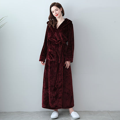 1pc Soft Coral Fleece Unisex Bathrobe - Thickened Long Sleeve Hooded Loungewear for Autumn and Winter - Plush Couple Style Bathroom Supplies for Cozy Relaxation