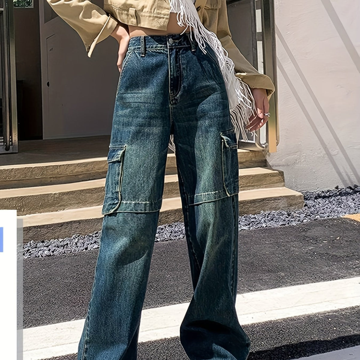「lovevop」Flap Cargo Pockets Water Ripple Embossed Jeans, Half Elastic Waistband Street Hip Pop Style Straight Denim Pants, Women's Denim Jeans & Clothing