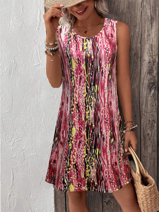 「lovevop」Abstract Print Tank Dress, Boho Sleeveless Crew Neck Random Printing Dress, Women's Clothing