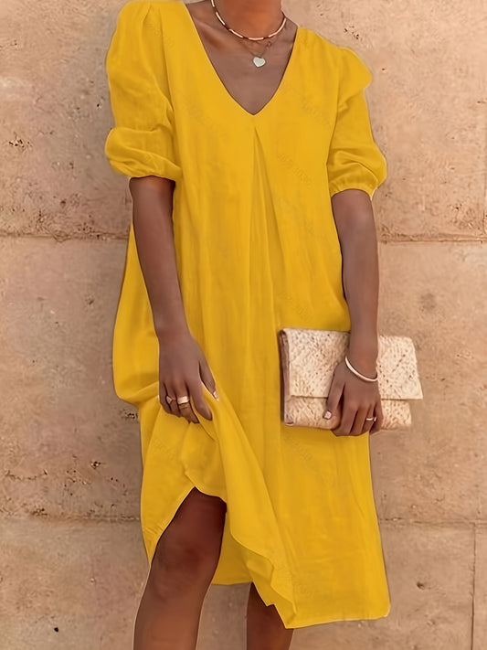 「lovevop」Solid V Neck Dress, Casual Short Sleeve Dress For Spring & Summer, Women's Clothing