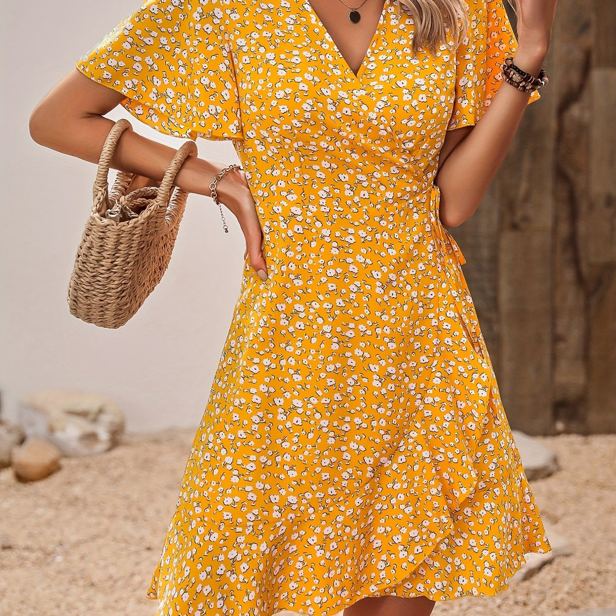 「lovevop」Ditsy Floral Print Dress, Vacation Knotted V Neck Short Sleeve Summer Dress, Women's Clothing