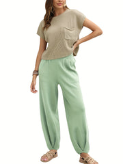 Two-Piece Jogger Pants Set - Soft, Elegant, Short Sleeve Pocket Knit Top & Loose Fit Pants Outfit - Comfortable, Versatile, and Chic Women's Clothing for Everyday Wear