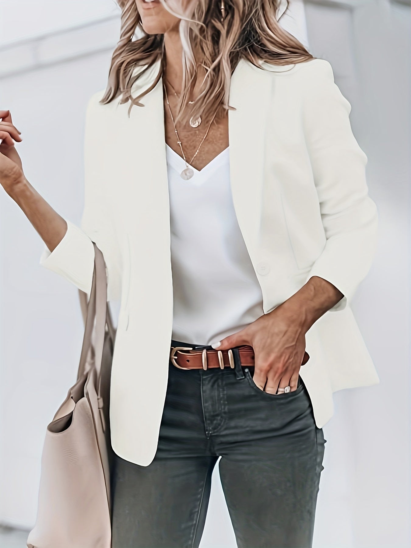 「lovevop」Elegant Solid Long Sleeve Blazer, Open Front Lapel Blazer, Elegant & Stylish Tops For Office & Work, Women's Clothing