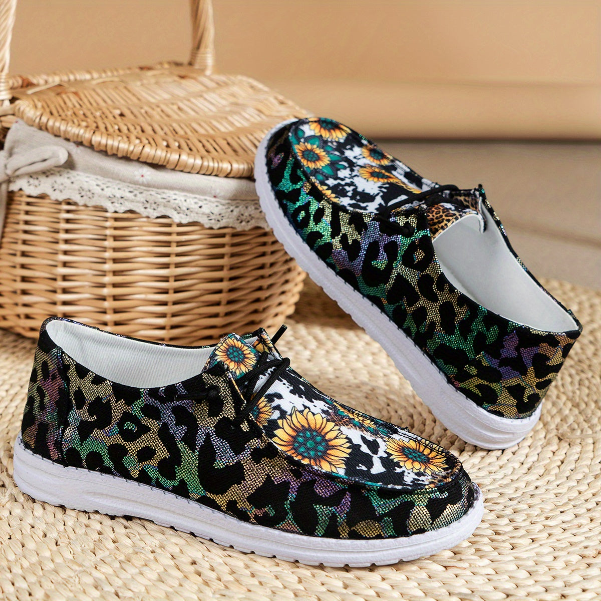 「lovevop」Women's Stylish Sunflower & Cow Print Canvas Shoes - Lightweight & Comfortable Slip Ons!