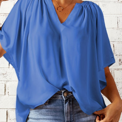 「lovevop」Notched Neck Loose Blouse, Casual Top For Summer & Spring, Women's Clothing