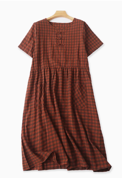 Lovevop Cotton And Linen Loose Fitting Artistic Retro Button Up Dress