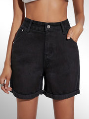 「lovevop」High Waist Short Denim Pants, Rolled Hem High Rise Slash Pockets Slim Fit Short Denim Jeans, Women's Denim Jeans & Clothing