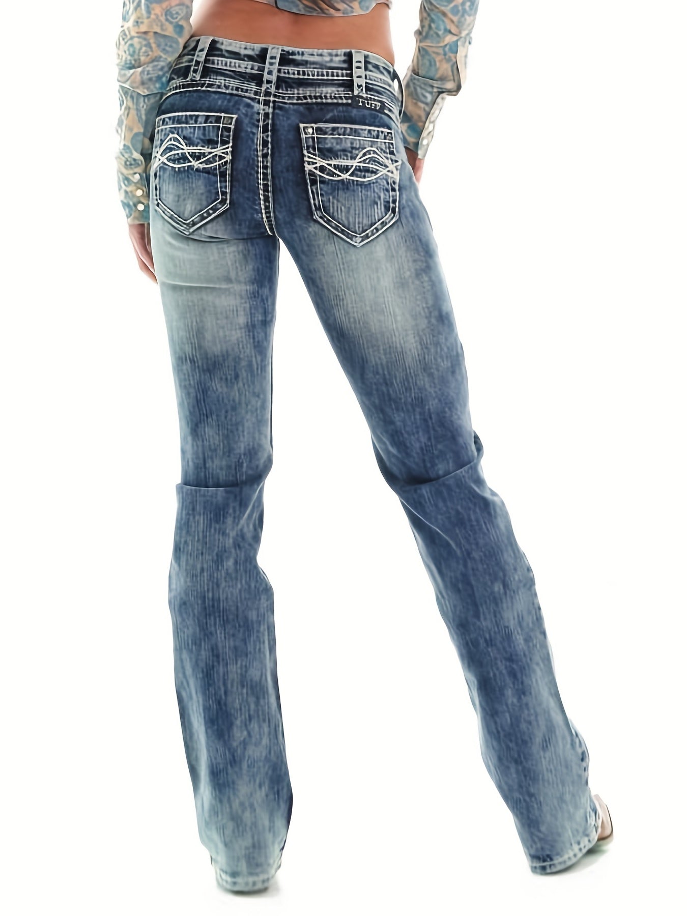 「lovevop」Ivory Top-stitching Mid Rise Boot Cut Jeans, Vintage Wash Zipper Button Closure Riding Denim Pants, Women's Denim Jeans & Clothing