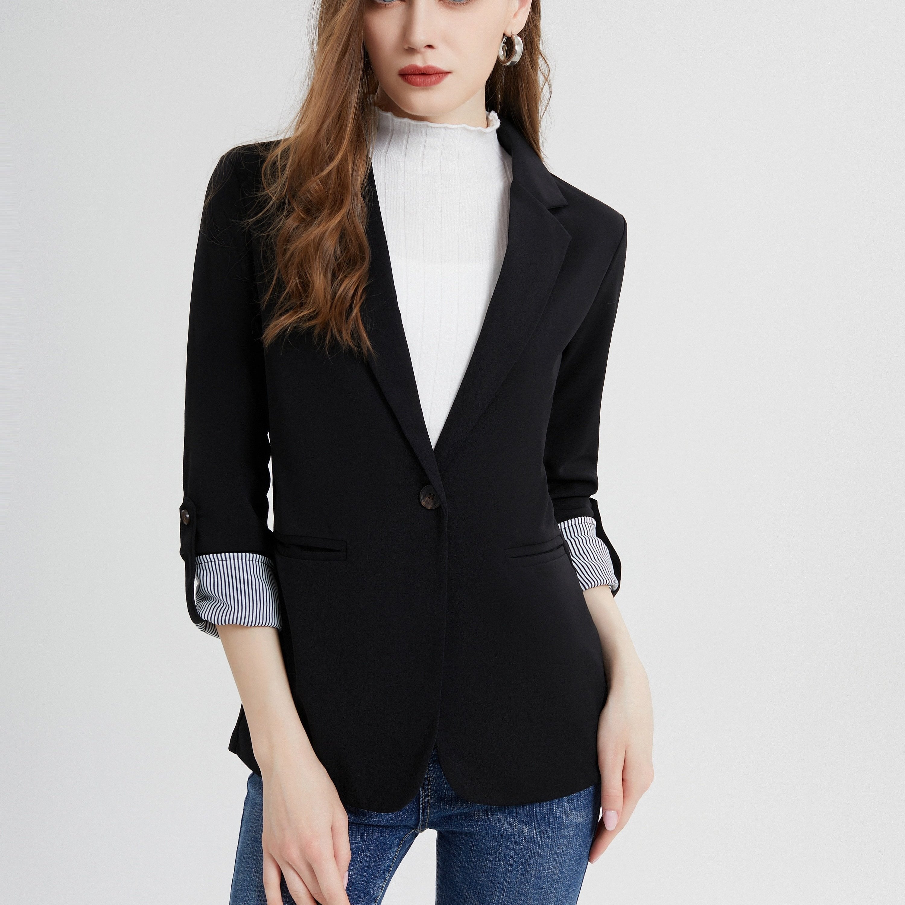 「lovevop」V-neck Pocket Basic Blazer Coat, Casual Long Sleeve Fashion Loose Blazer Outerwear, Women's Clothing