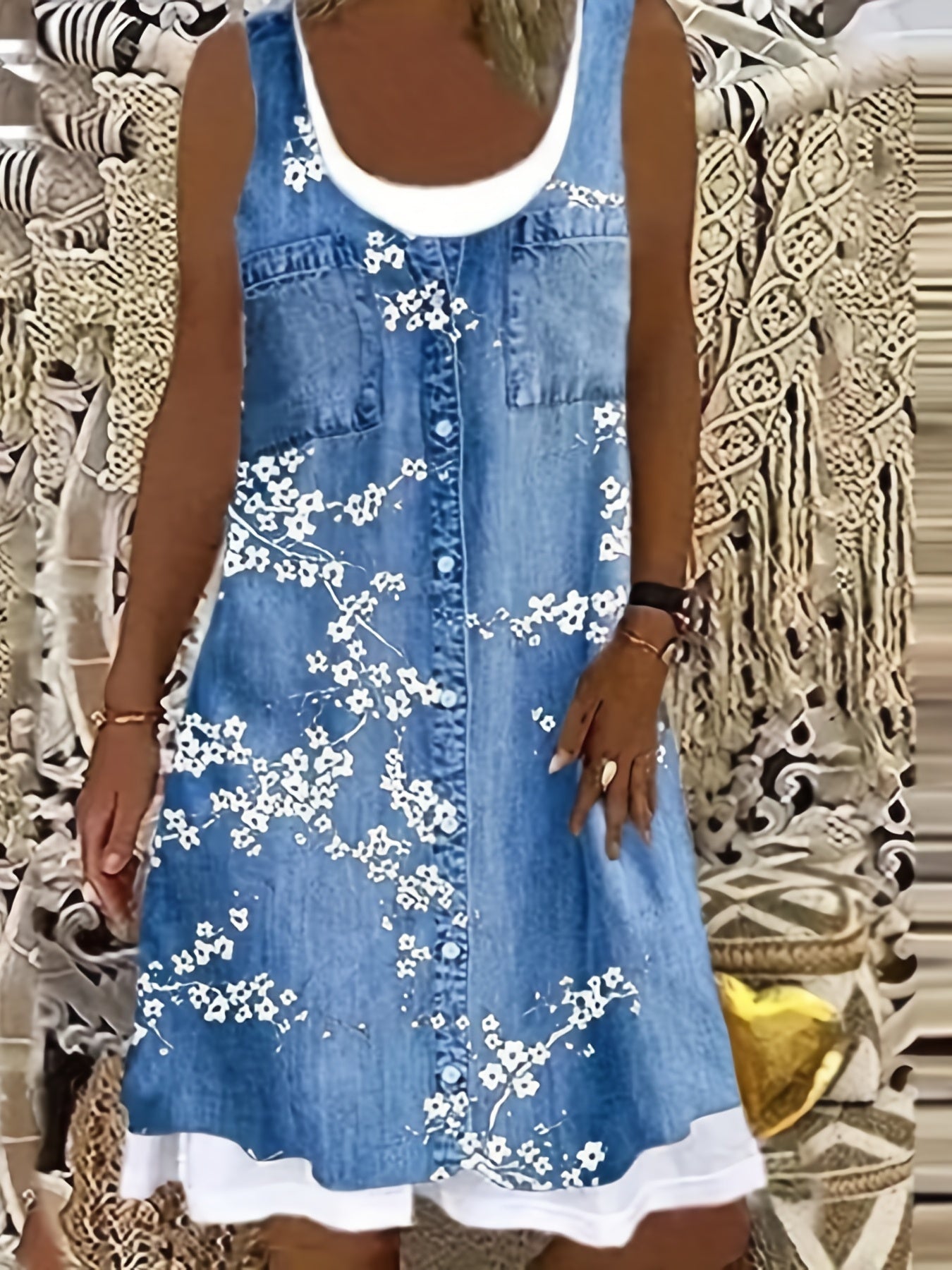 「lovevop」Denim & Butterfly Print Dress, Casual Sleeveless Dress For Spring & Summer, Women's Clothing