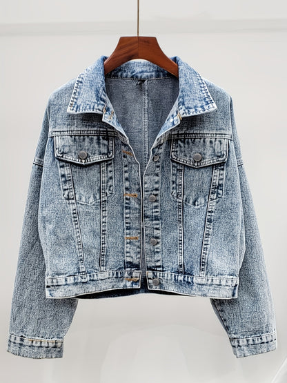 Lovevop-Light Blue Tassel Sequins Denim Jackets, Long Sleeve Flap Pockets Single-Breasted Button Loose Fit Denim Coats, Women's Denim Clothing