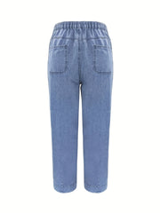 「lovevop」Blue Elastic Waist Denim Pants, Loose Fit Slight-Stretch Slash Pockets Baggy Straight Jeans, Women's Denim Jeans & Clothing