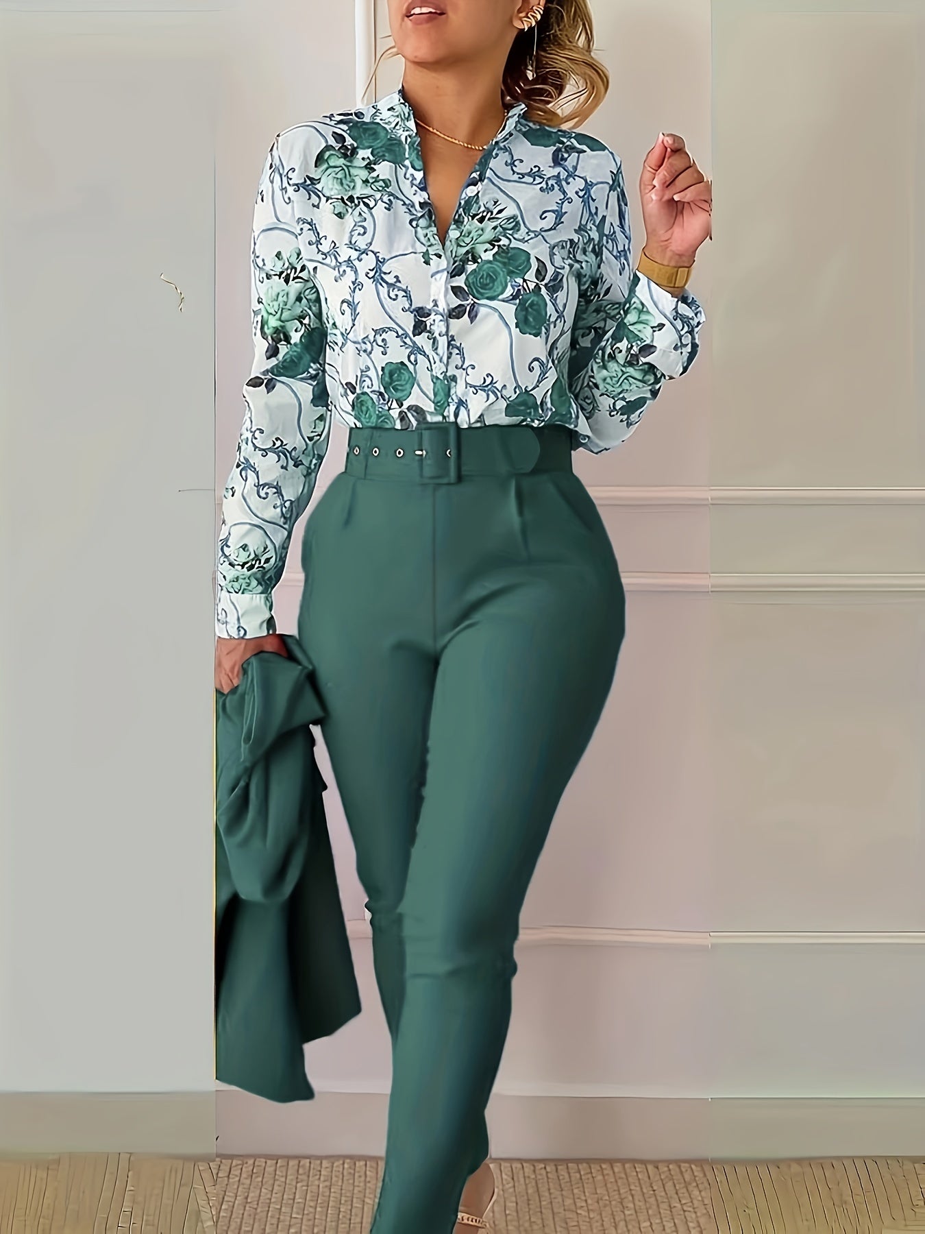 Two-Piece Elegant Outfit Set - Floral Print V-Neck Long Sleeve Blouse with Micro Elasticity and Solid Belted Tapered Pants - Polyester Knit Fabric, Random Printing, All Seasons, No Sheer