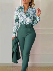 Two-Piece Elegant Outfit Set - Floral Print V-Neck Long Sleeve Blouse with Micro Elasticity and Solid Belted Tapered Pants - Polyester Knit Fabric, Random Printing, All Seasons, No Sheer