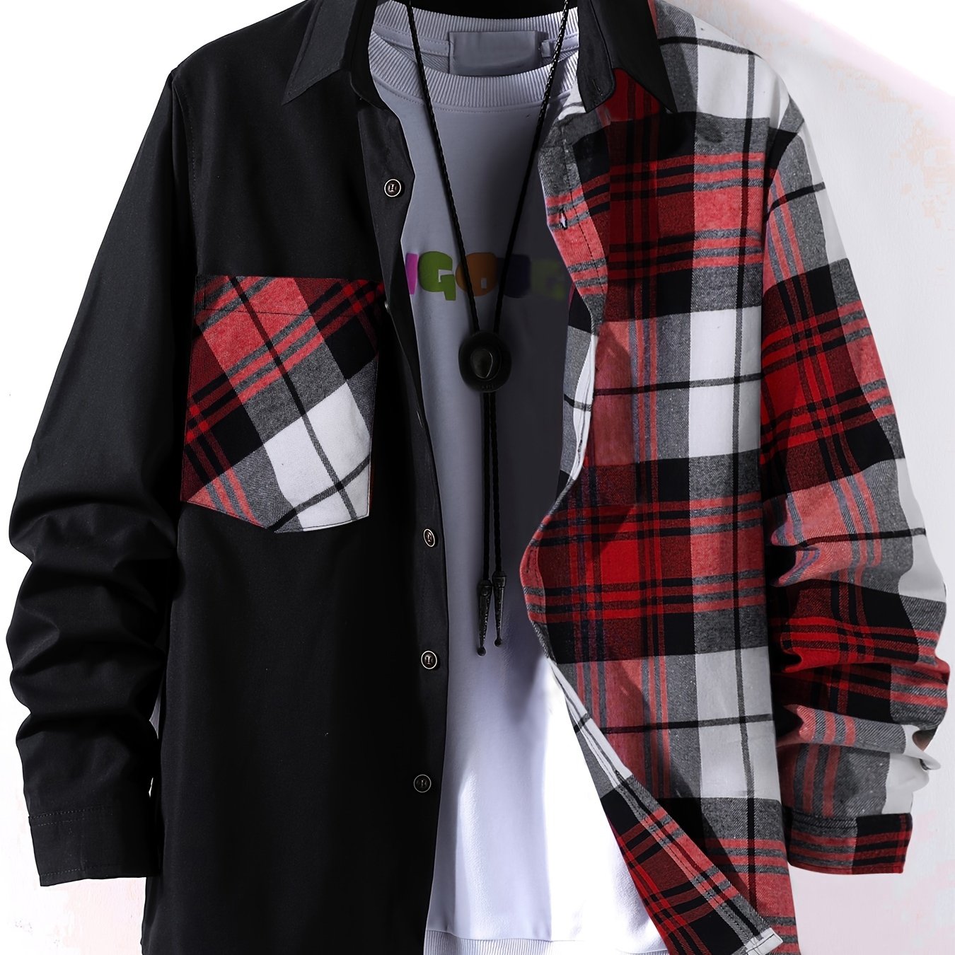 「lovevop」Stylish Collage Chest Pocket Plaid Pattern Casual Long Sleeve Button Up Shirt, Men's Clothes For Spring Summer Fall Outdoor