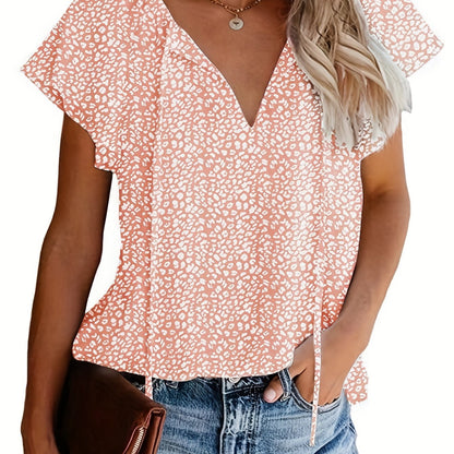 「lovevop」V Neck Flutter Sleeve Blouse, Loose Casual Top For Summer & Spring, Women's Clothing