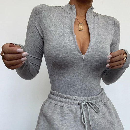 2025 sexy women's clothing autumn and winter  hot-selling solid color cotton round neck sexy tight long-sleeved zipper onesie