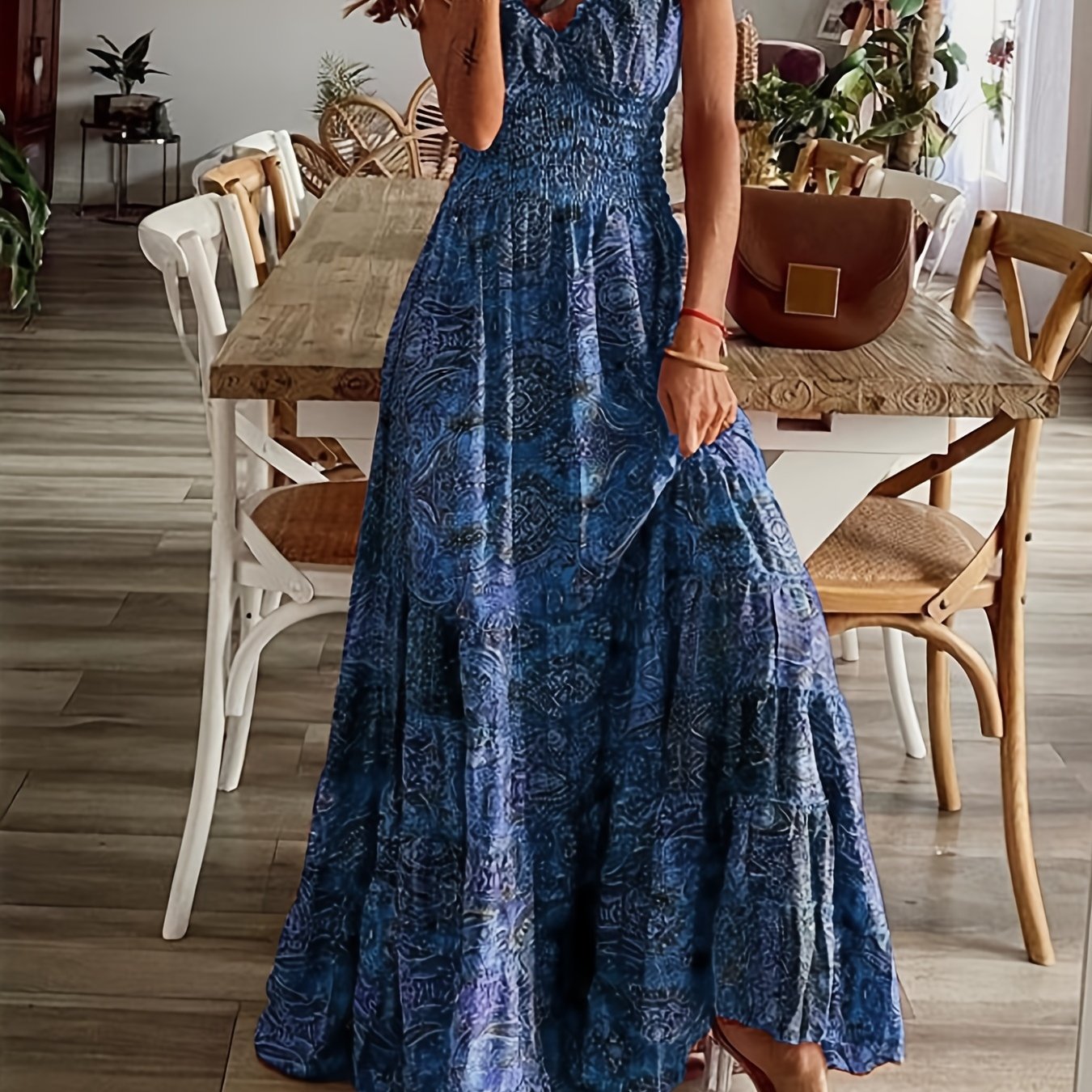 「lovevop」Floral Print Ruffle Neck Long Dress, Boho Short Sleeve Waist Summer Large Swing Dresses, Women's Clothing