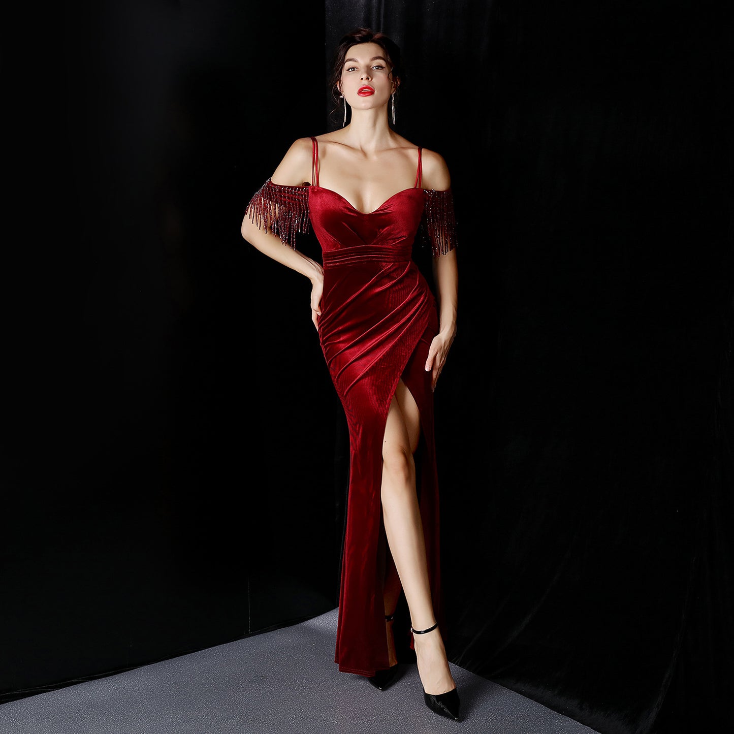 18222 #fishtail evening dress women's high-end atmosphere elegant banquet annual meeting temperament velvet aura queen