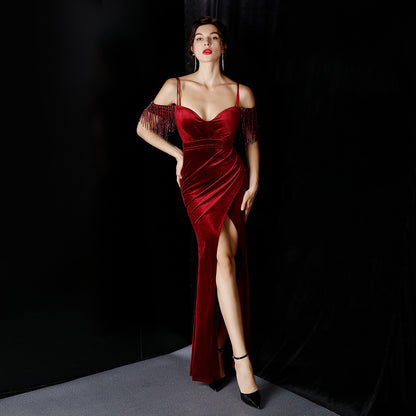 18222 #fishtail evening dress women's high-end atmosphere elegant banquet annual meeting temperament velvet aura queen