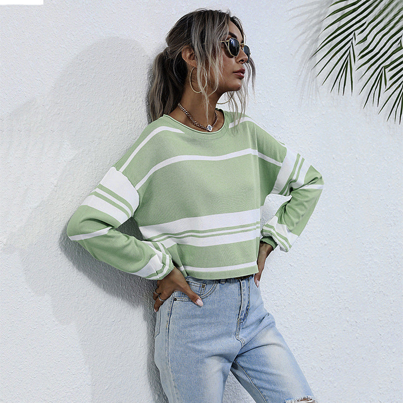 LOVEVOP popular Spring and Autumn New Women's Striped Knitted Sweater Bottom Pullover  Hot Trade Crew Neck Japanese Short Top