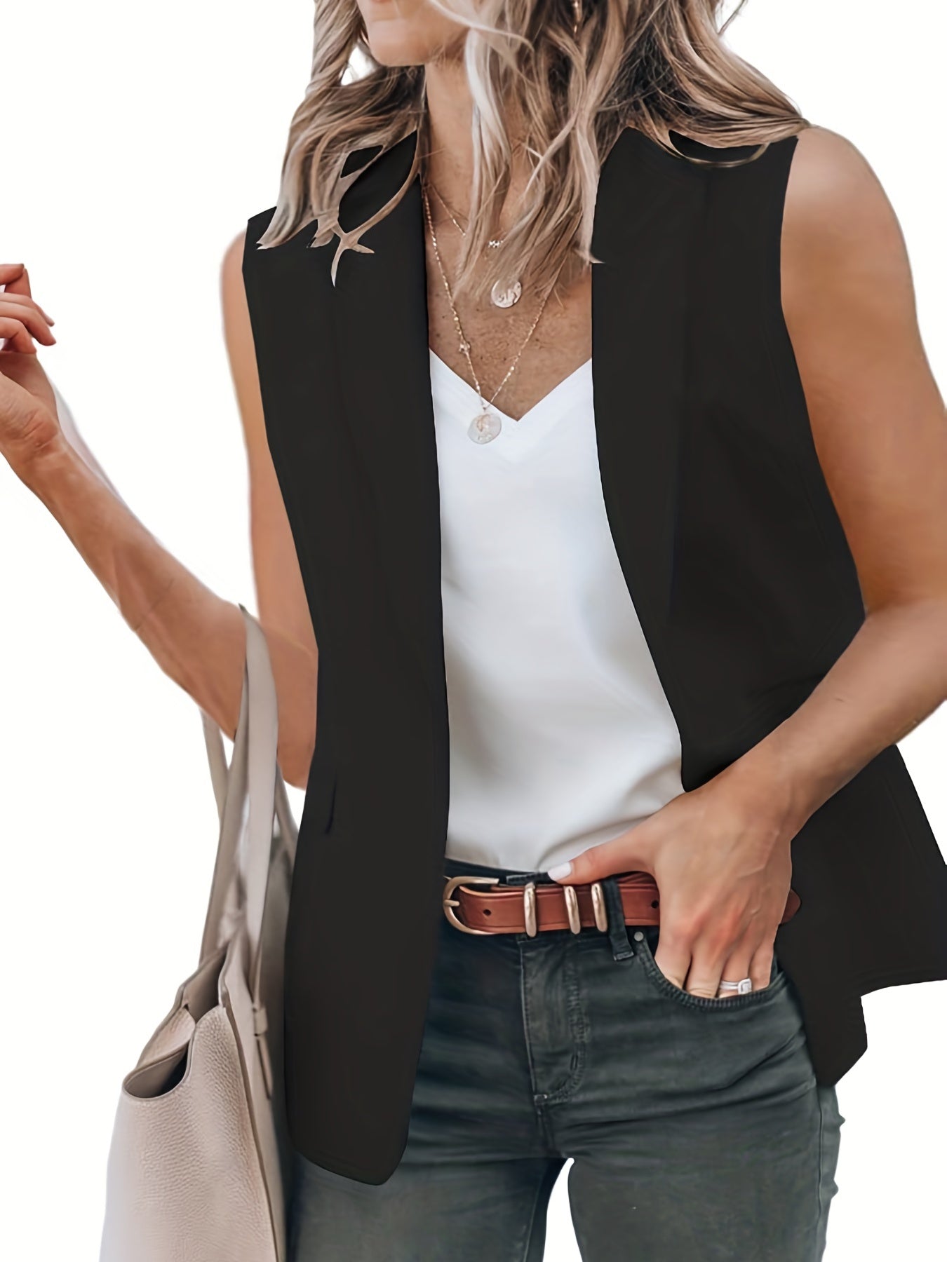 「lovevop」Elegant Solid Sleeveless Blazer, Open Front Lapel Blazer, Elegant & Stylish Tops For Office & Work, Women's Clothing