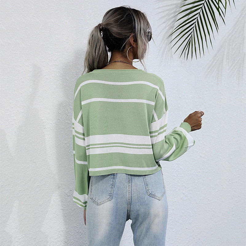 LOVEVOP popular Spring and Autumn New Women's Striped Knitted Sweater Bottom Pullover  Hot Trade Crew Neck Japanese Short Top