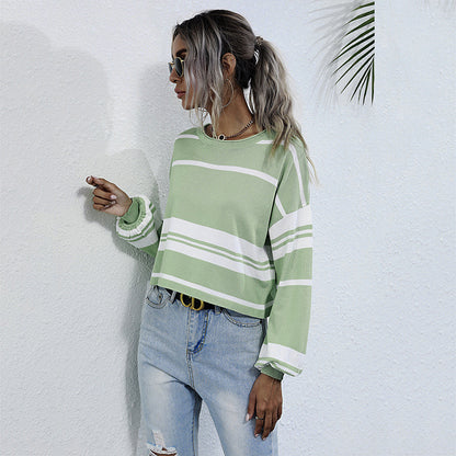 LOVEVOP popular Spring and Autumn New Women's Striped Knitted Sweater Bottom Pullover  Hot Trade Crew Neck Japanese Short Top