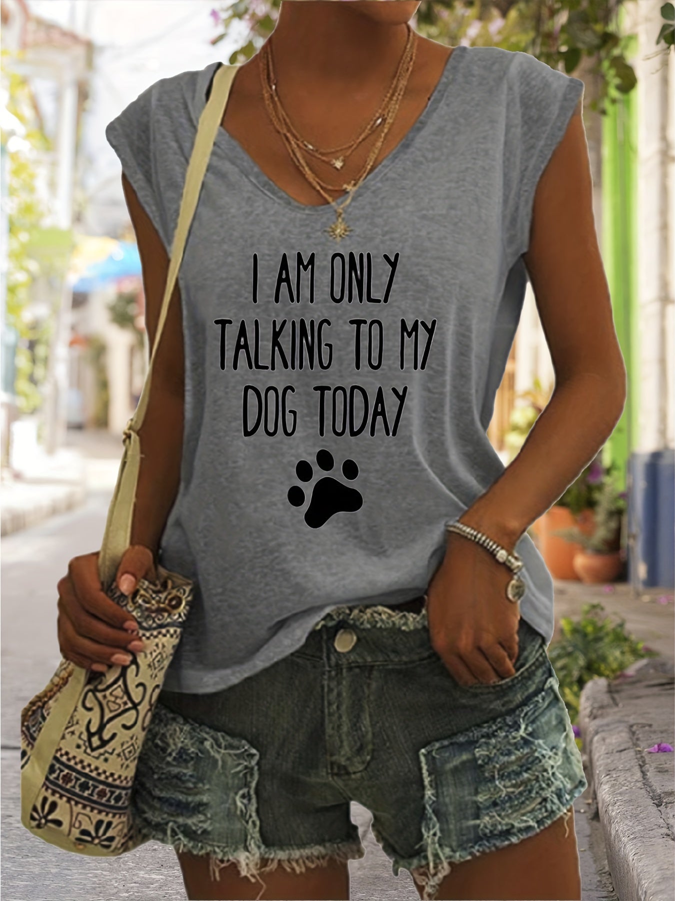 「lovevop」Only Talk To My Dog Print Tank Top, Sleeveless Casual Top For Spring & Summer, Women's Clothing