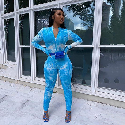 2025 women's clothing  summer new tie-dye printing threaded pit strip zipper sexy tight hip lift jumpsuit women