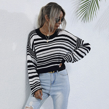 LOVEVOP popular popular autumn and winter hot sale crew neck knitted short striped contrasting sweater women's 2025 jumper women