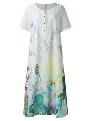 「lovevop」Floral & Butterfly Print Button Dress, Casual Short Sleeve Dress For Spring & Summer, Women's Clothing