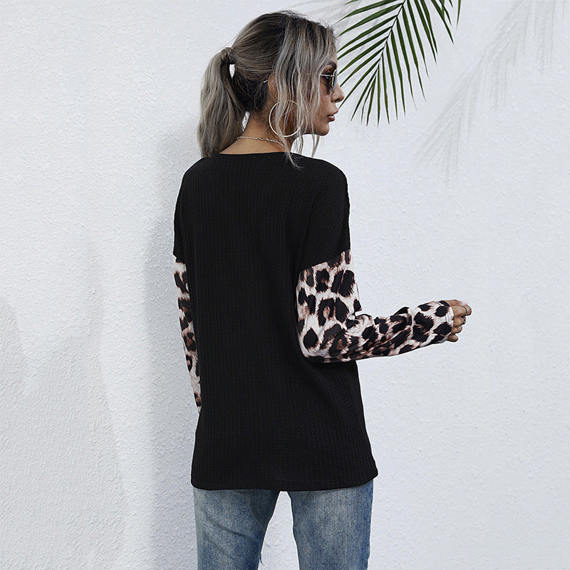 LOVEVOP popular New Autumn V-Neck Pullover Leopard Print Splicing Bottom Long Sleeve T-Shirt Women's  Hot Trade Pleated Top