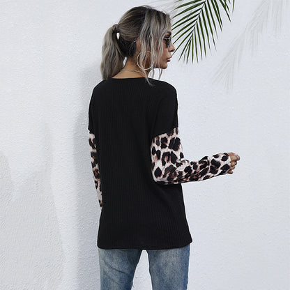 LOVEVOP popular New Autumn V-Neck Pullover Leopard Print Splicing Bottom Long Sleeve T-Shirt Women's  Hot Trade Pleated Top