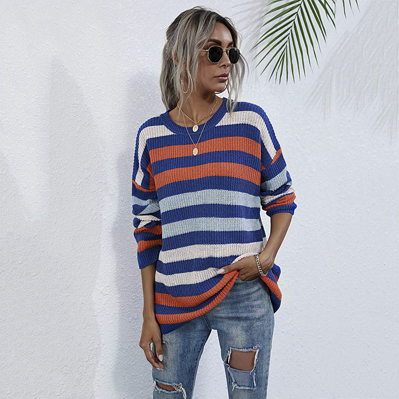 LOVEVOP popular New Women's Early Autumn Sweater 2025 Autumn Pullover Crew Neck Loose Top  Striped Knitted Sweater