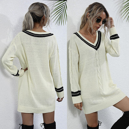 LOVEVOP 2025 V-neck pullover twisted sweater top loose contrasting color OL knitted thin sweater skirt