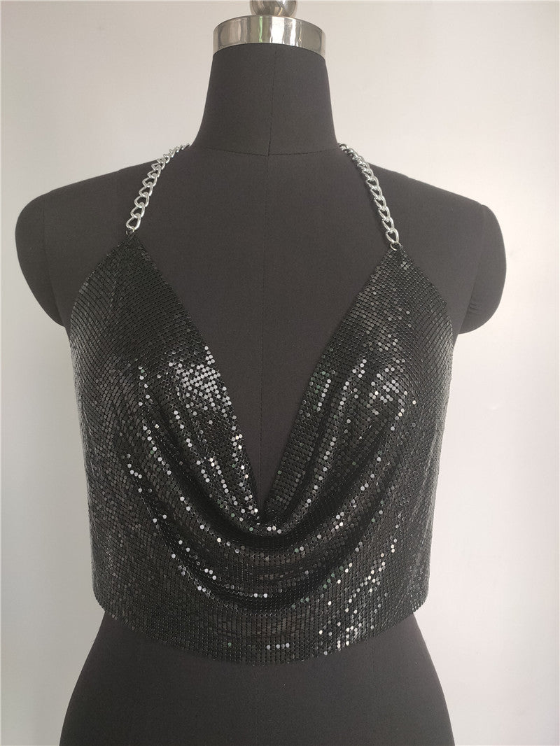 2025 Sequins bright diamond vest  nightclub style sexy metal chain hanging neck V-neck halter top small vest fb1542