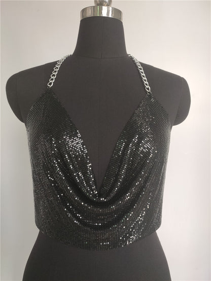 2025 Sequins bright diamond vest  nightclub style sexy metal chain hanging neck V-neck halter top small vest fb1542