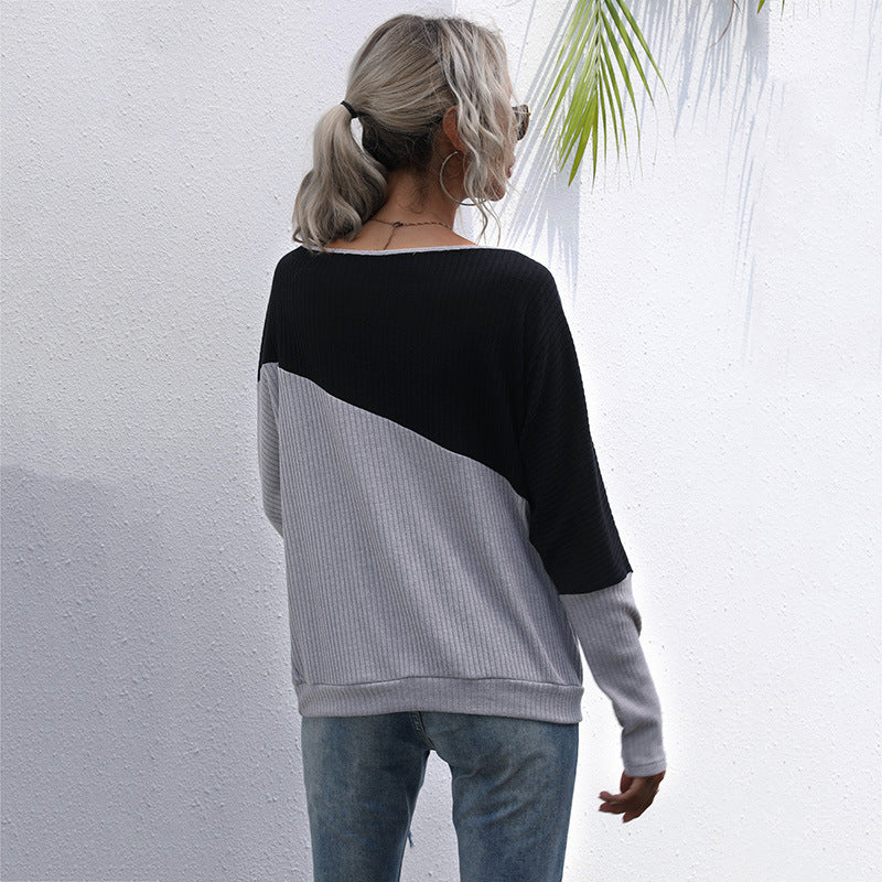 LOVEVOP New  Hot Trade Women's Clothing popular Color Combination Long Sleeve Knitted Sweater Loose Off-Shoulder One-Neck Top