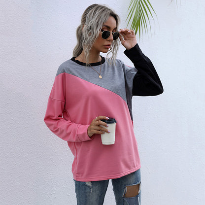 LOVEVOP New Cross-border popular Autumn Loose 2025 Splicing Crew Neck Long Sleeve Bottom Contrasting Sweater Women