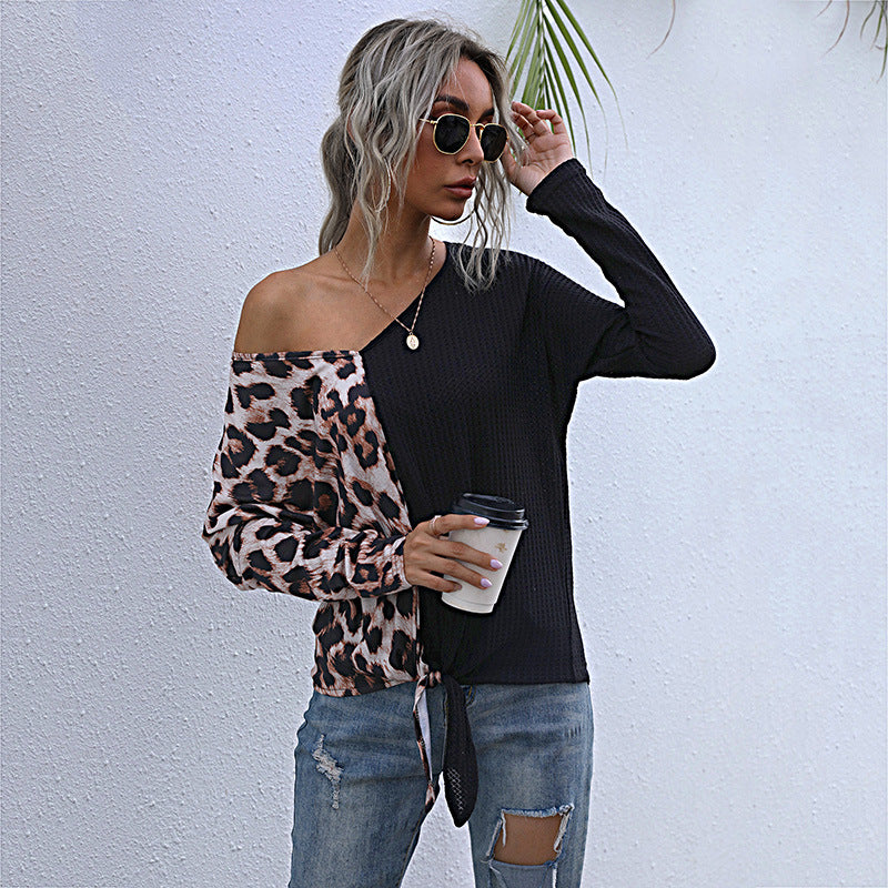 LOVEVOP popular autumn 2025 sexy splicing leopard print v-neck bottoming shirt t-shirt female  New Popular trade top wholesale