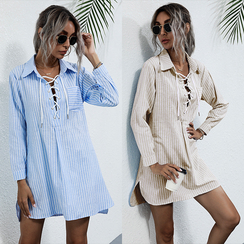 LOVEVOP popular autumn new fashion 2025 New striped pullover shirt long sleeve strap casual lapel shirt skirt