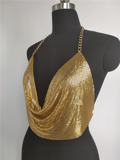 2025 Sequins bright diamond vest  nightclub style sexy metal chain hanging neck V-neck halter top small vest fb1542