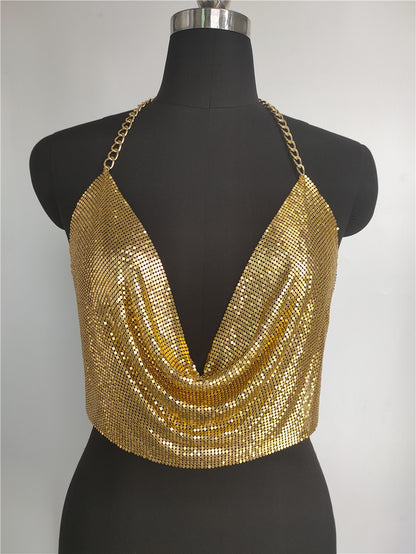 2025 Sequins bright diamond vest  nightclub style sexy metal chain hanging neck V-neck halter top small vest fb1542
