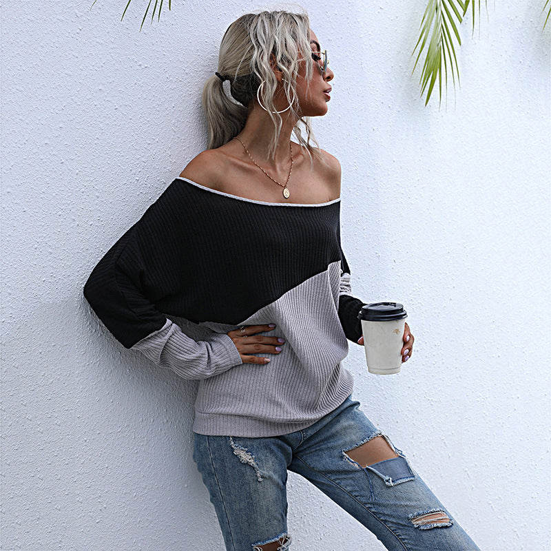 LOVEVOP New  Hot Trade Women's Clothing popular Color Combination Long Sleeve Knitted Sweater Loose Off-Shoulder One-Neck Top