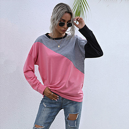 LOVEVOP New Cross-border popular Autumn Loose 2025 Splicing Crew Neck Long Sleeve Bottom Contrasting Sweater Women