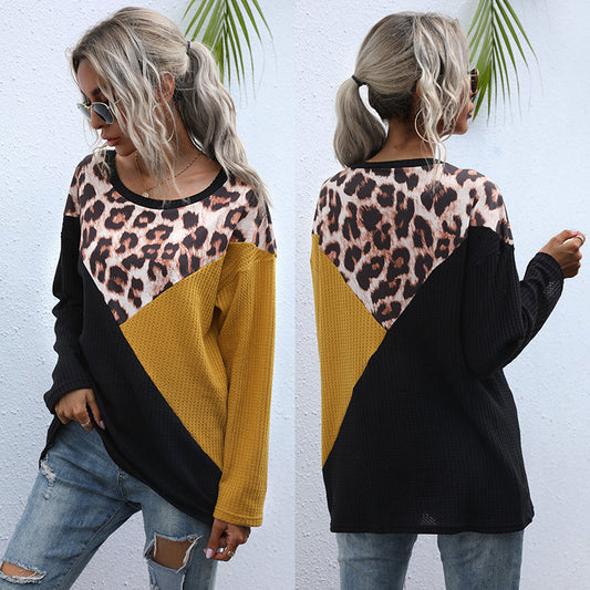 LOVEVOP Autumn women's popular new leopard print splicing 2025 fashion pullover round neck top loose long sleeve bottoming T-shirt women