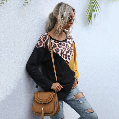 LOVEVOP Autumn women's popular new leopard print splicing 2025 fashion pullover round neck top loose long sleeve bottoming T-shirt women