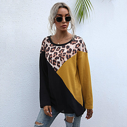 LOVEVOP Autumn women's popular new leopard print splicing 2025 fashion pullover round neck top loose long sleeve bottoming T-shirt women